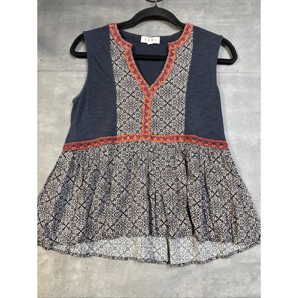 THML Embroidered Trim V Neck Peplum Boho Top XS